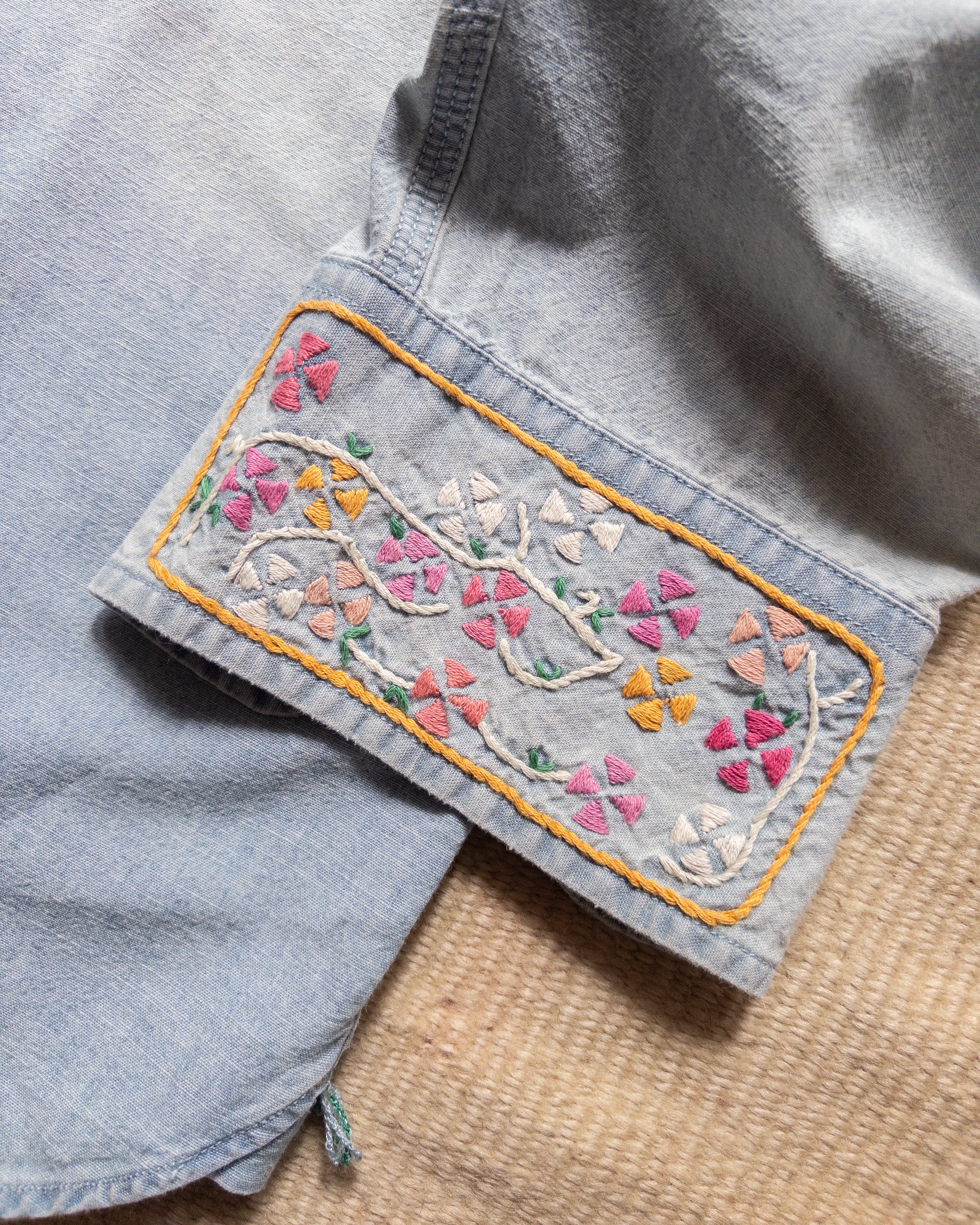 Embroidered Chambray Workshirt - Distressed and Sunfaded Indigo - Image 3