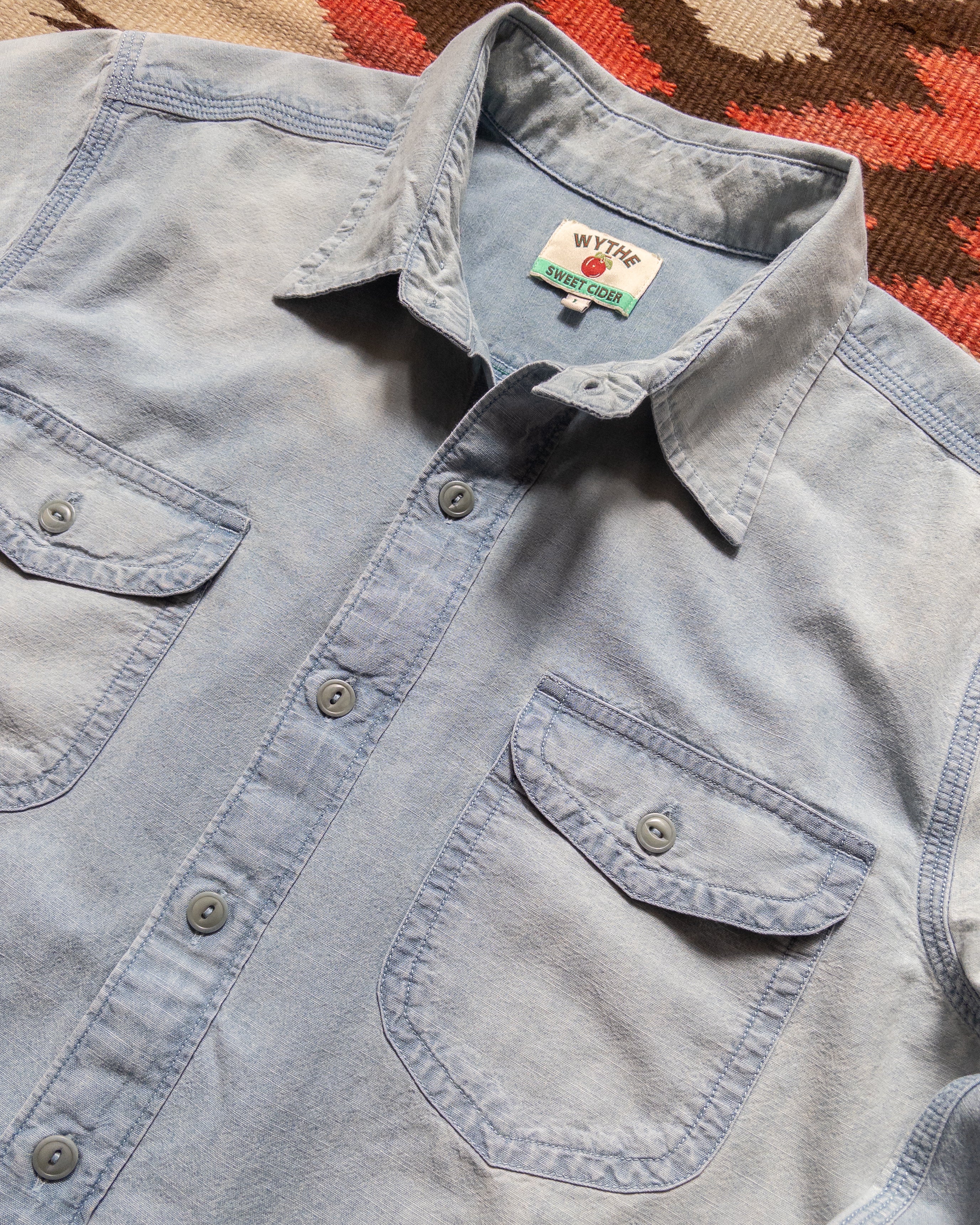 Embroidered Chambray Workshirt - Distressed and Sunfaded Indigo - Image 4