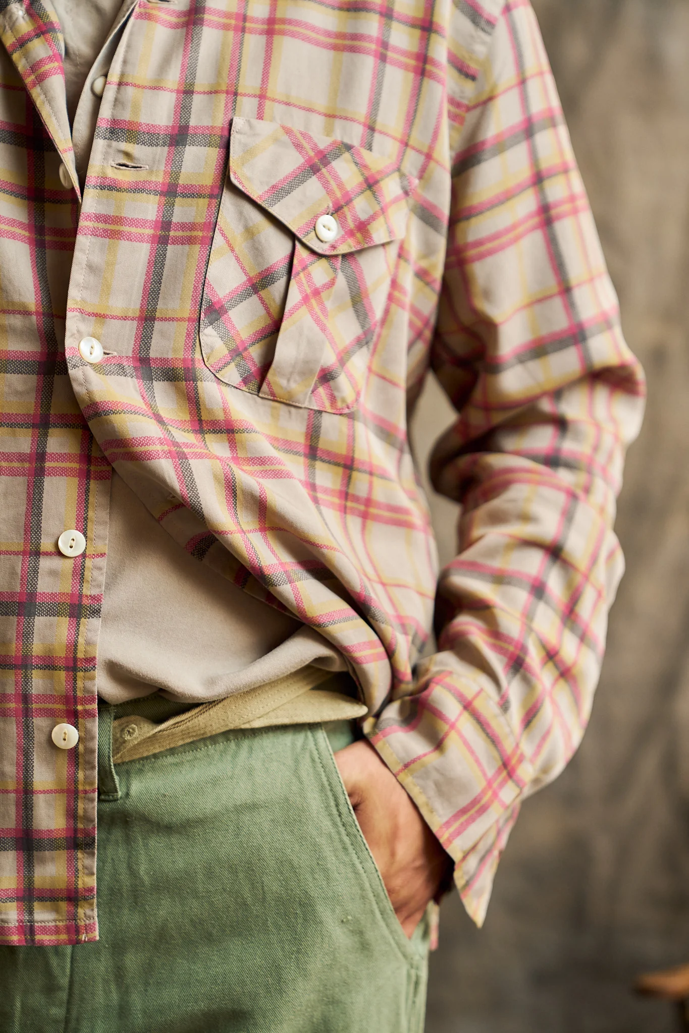 Printed Corral Plaid Tencel Patio Shirt - Nutmeg - Image 3