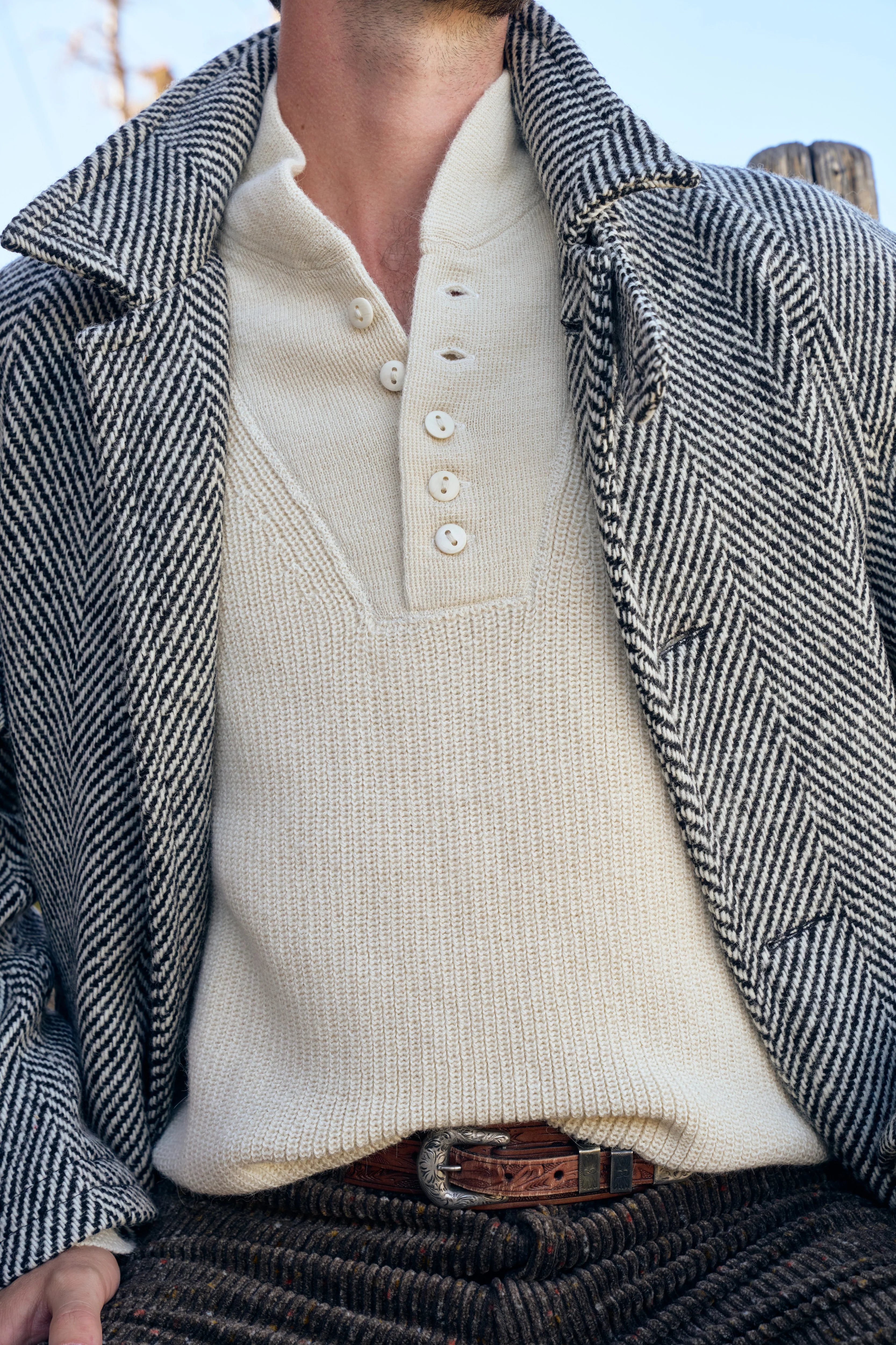 Raglan Wool Overcoat - Black/Cream Herringbone Tweed - Image 4
