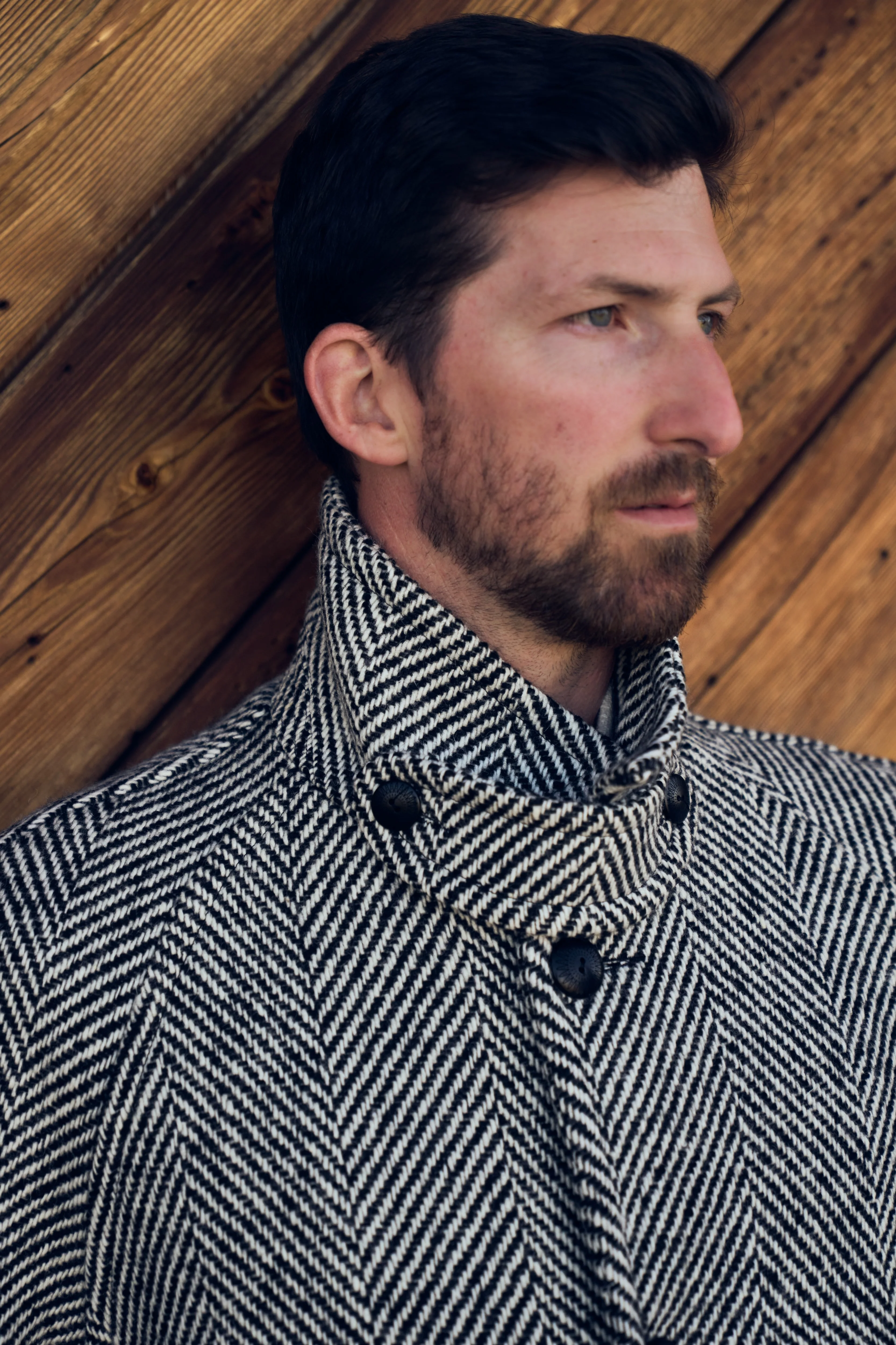 Raglan Wool Overcoat - Black/Cream Herringbone Tweed - Image 6