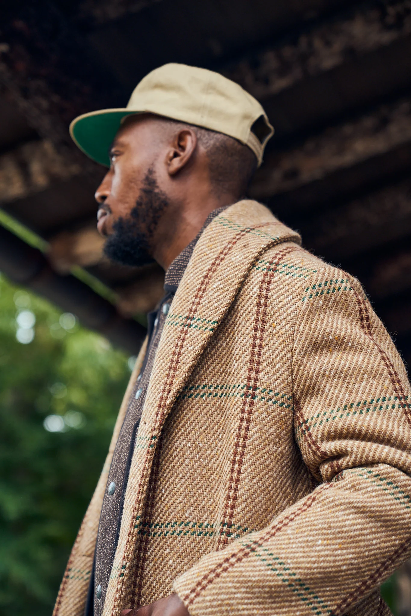 Shawl Collar Wool Overcoat - Rust and Evergreen Windowpane - Image 6